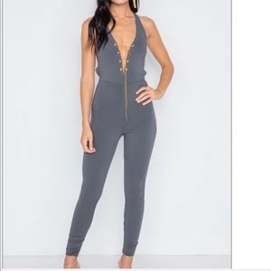 Sexy Grey Lace up Chain Detail Jumpsuit